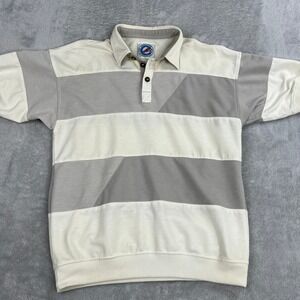 Greenline Colorblock Striped Polo Shirt L Cream Grey Men Vintage Streetwear 90s